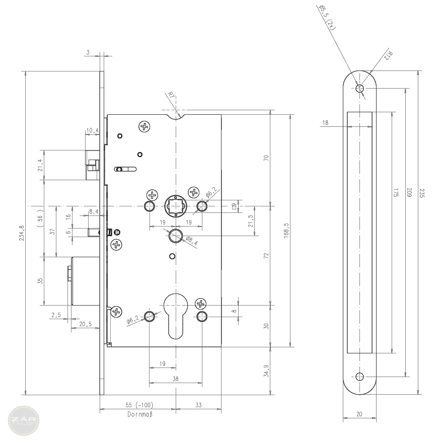 EFFEFF MEDIATOR 609-701PZ Sicherheitsschloss, 72/65/20, abgerundet Maßzeichnung
