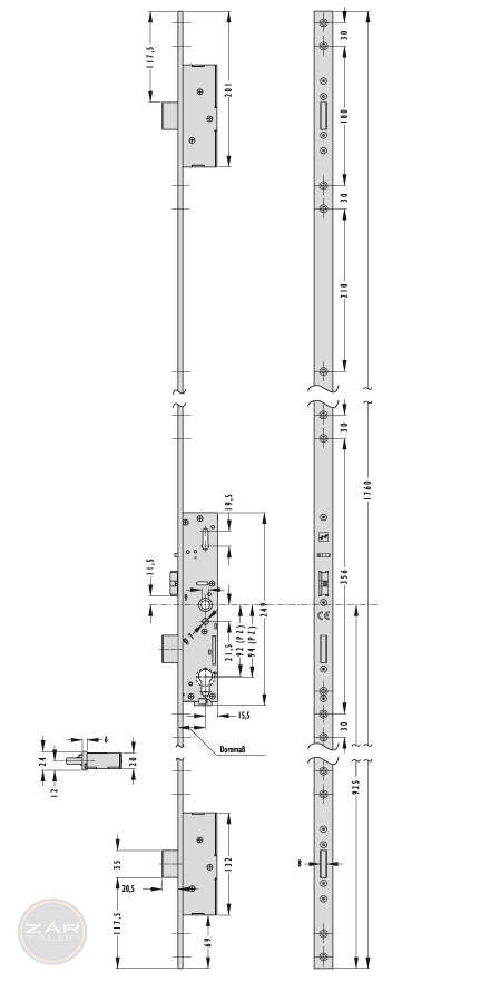 EFFEFF 319E-F multi-point mechanical mortise lock, left, 92/35/24 dimensional drawing