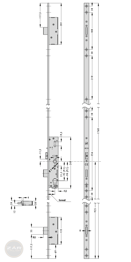 EFFEFF 319E-F tpz mechanikus bevéső zár, balos, 92/35/24 méretezett rajz
